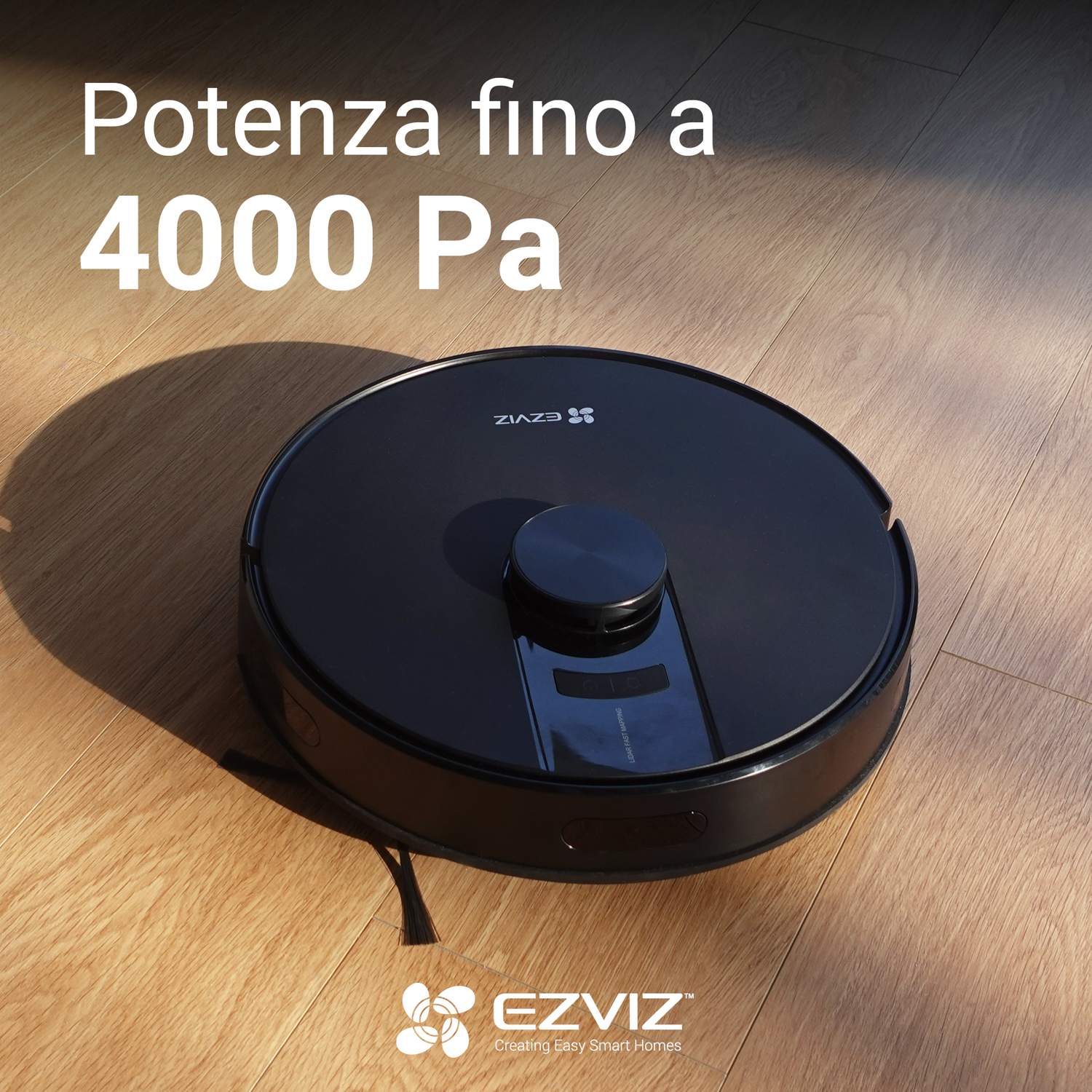 Aspirapolvere robot ZIAZA nero su pavimento in legno, con testo sulla potenza.