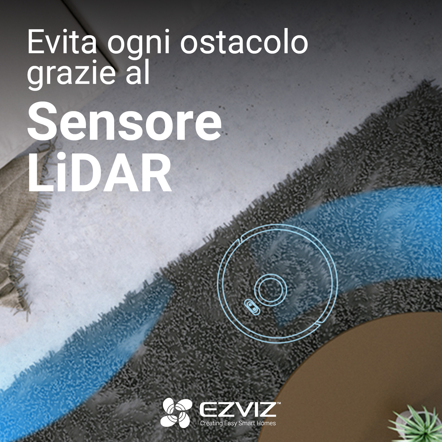 Un robot aspirapolvere con percorso guida blu e testo sul sensore LiDAR.