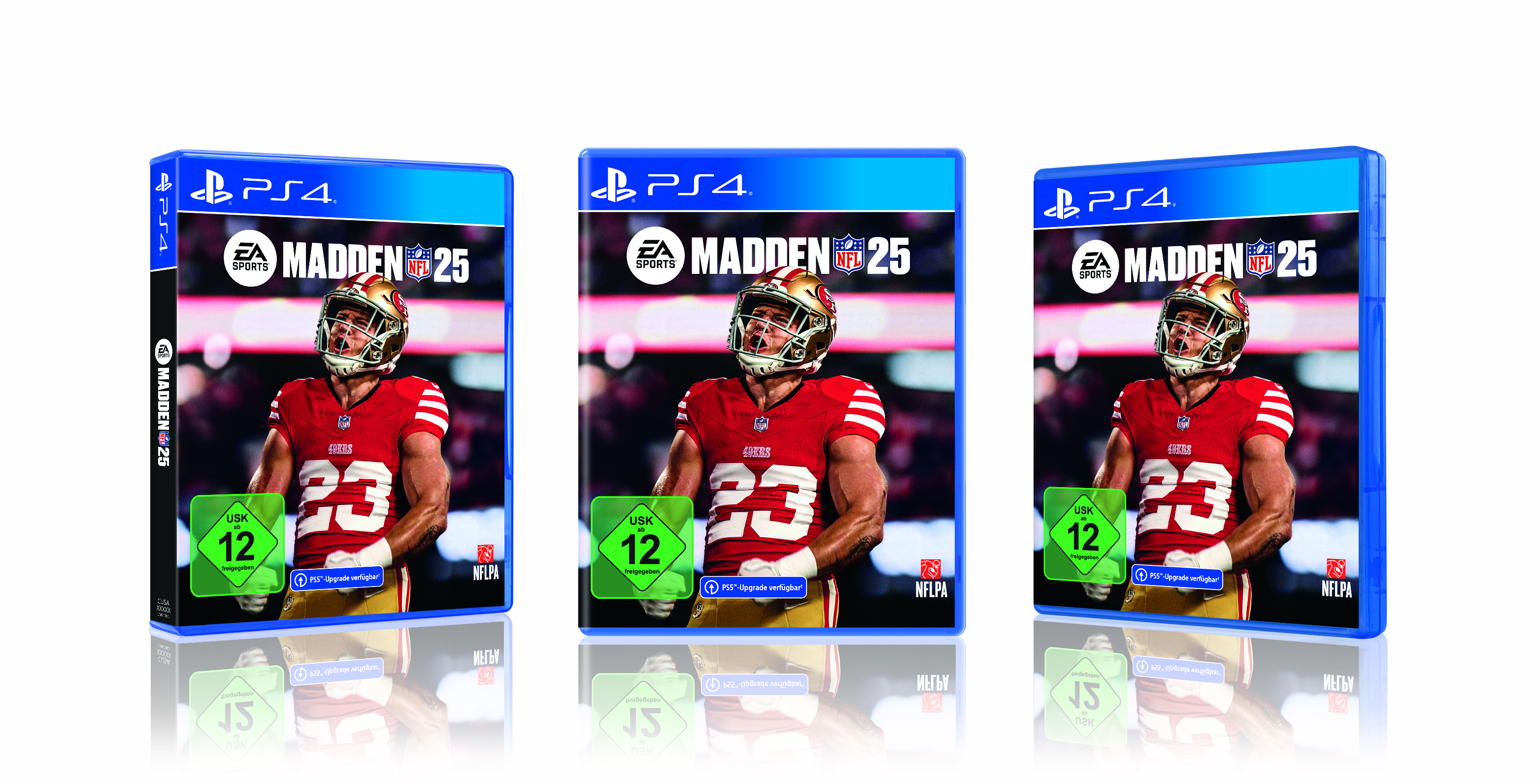 Drei PS4-Spielhüllen von Madden NFL 25 mit einem Spieler in roter Uniform.