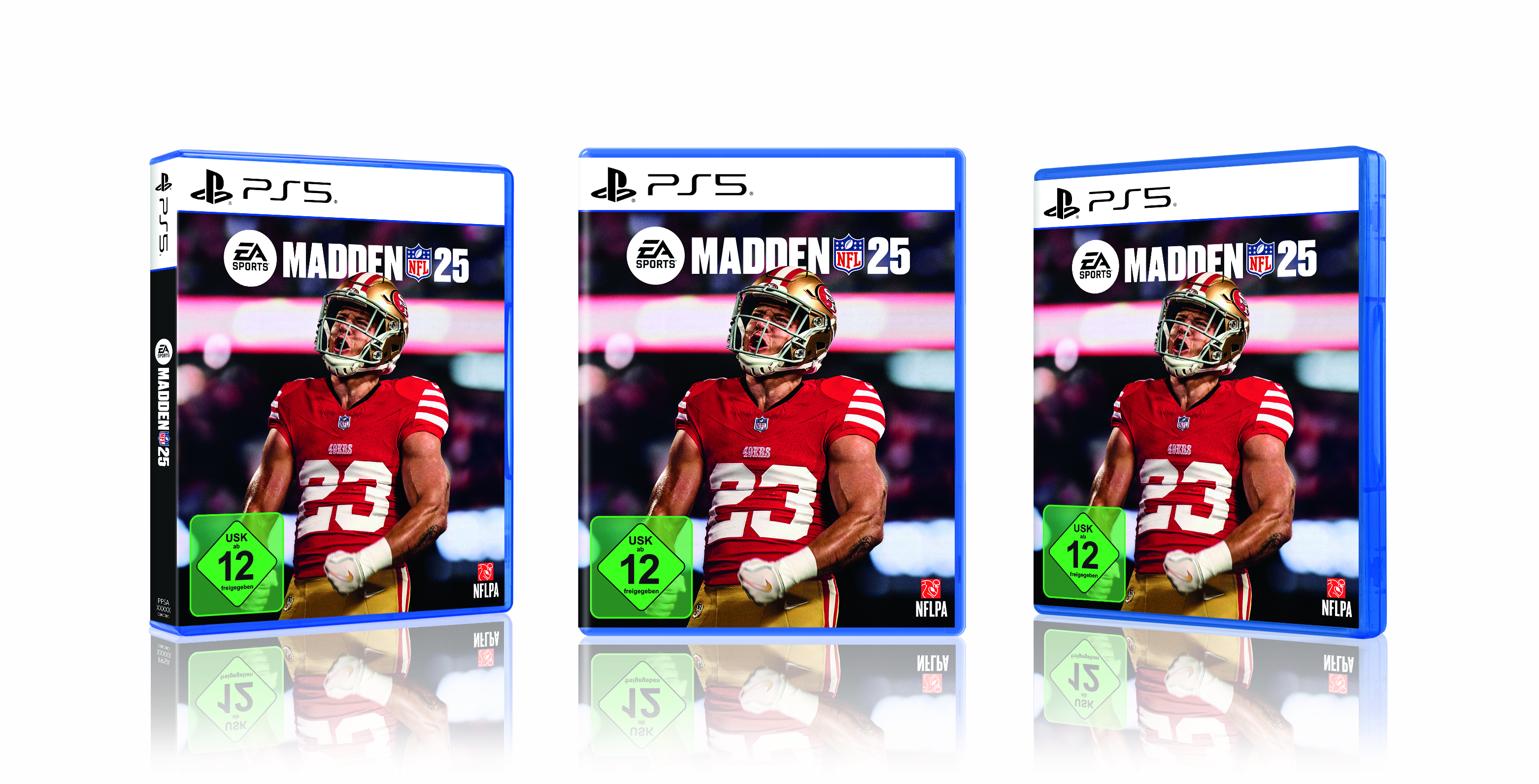 Drei PS5-Spielboxen für Madden NFL 25, mit einem Footballspieler in einem roten Trikot.