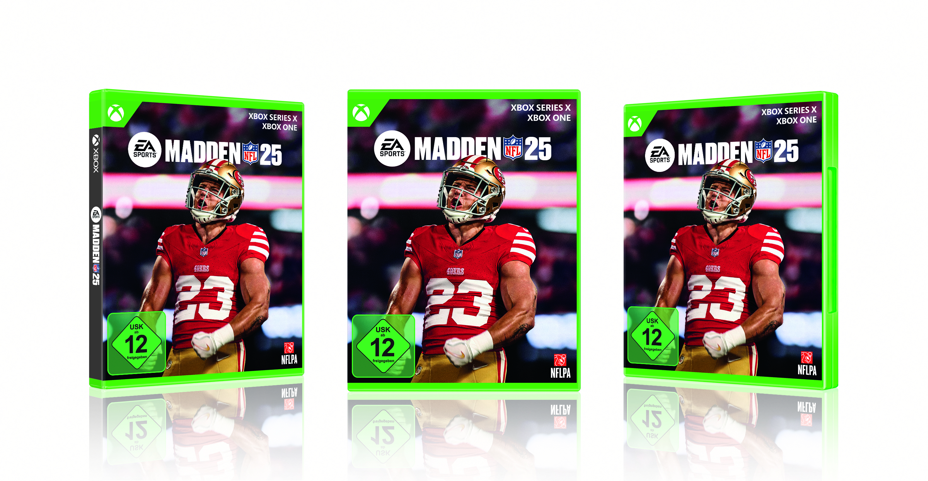 Drei Videospiel-Hüllen für Madden NFL 25. Sie zeigen einen Footballspieler auf dem Cover.