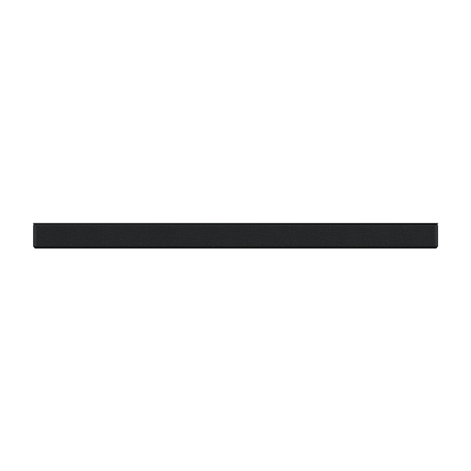 Una soundbar nera in vista orizzontale su sfondo bianco.