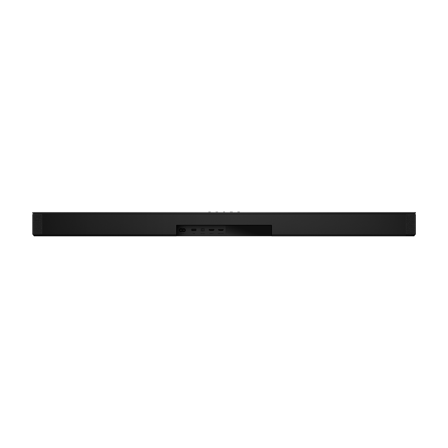 Soundbar nera. Vista posteriore con porte visibili. Design molto elegante e minimalista.