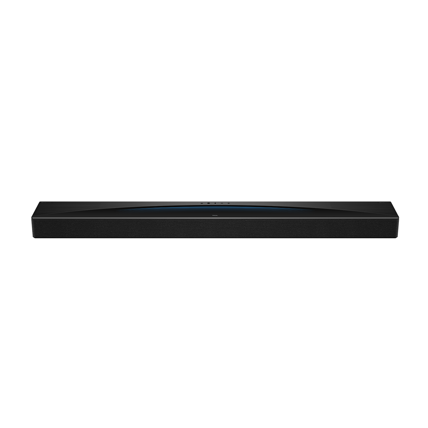 Soundbar nera su sfondo bianco. Design minimalista.