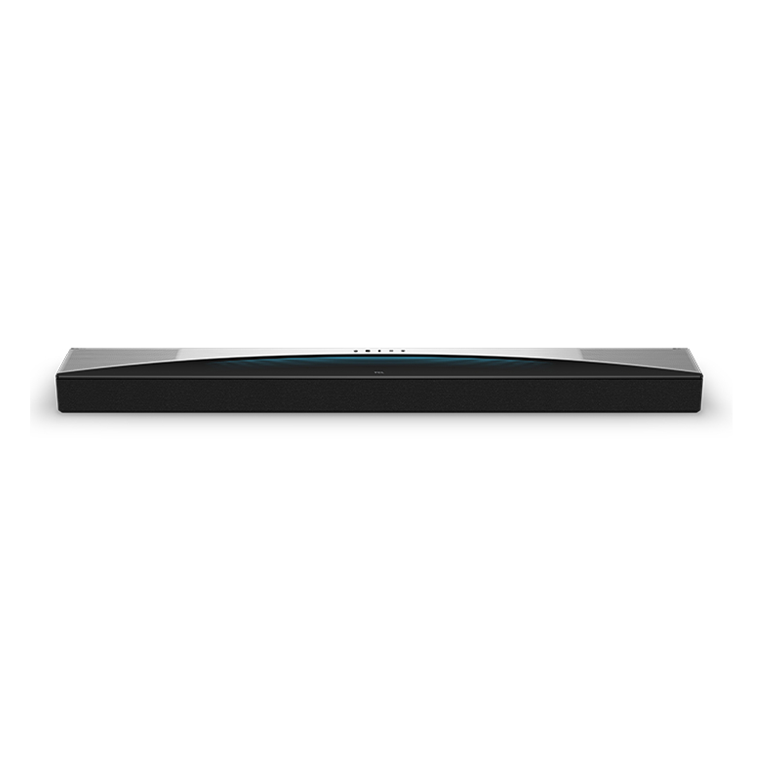 Soundbar nera su sfondo bianco. La soundbar è elegante e moderna.