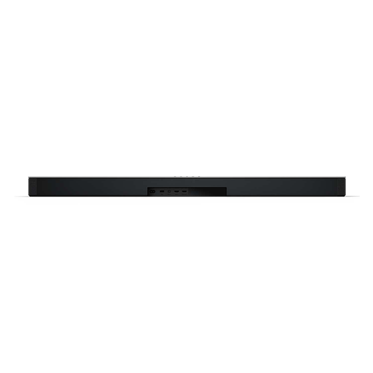 Soundbar nera su una superficie bianca, con porte visibili.