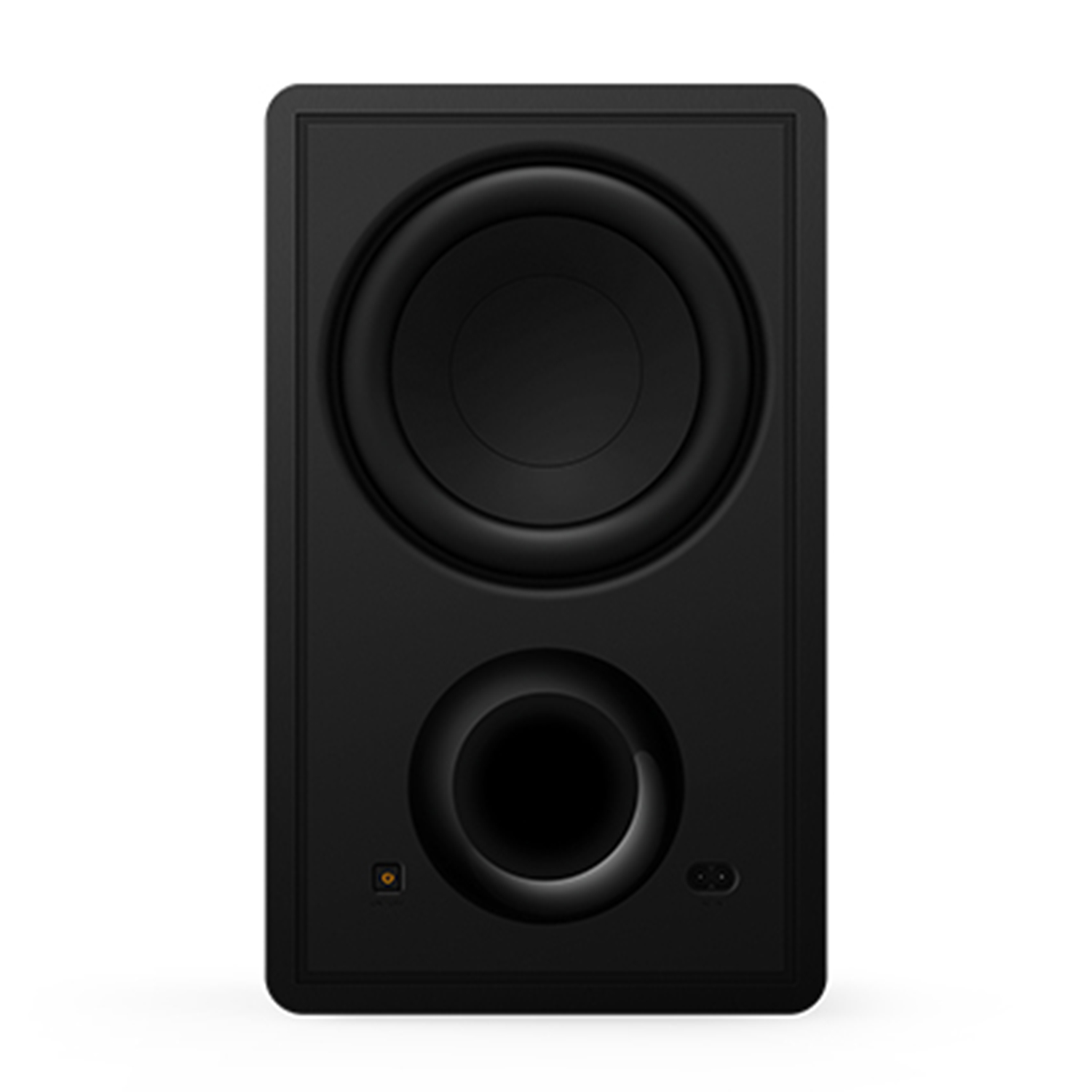 Altoparlante nero, vista frontale, con un grande woofer rotondo e un piccolo port.