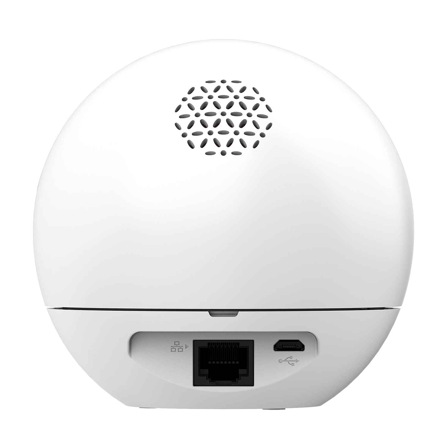 Un dispositivo bianco e sferico con una griglia per altoparlanti e porte.