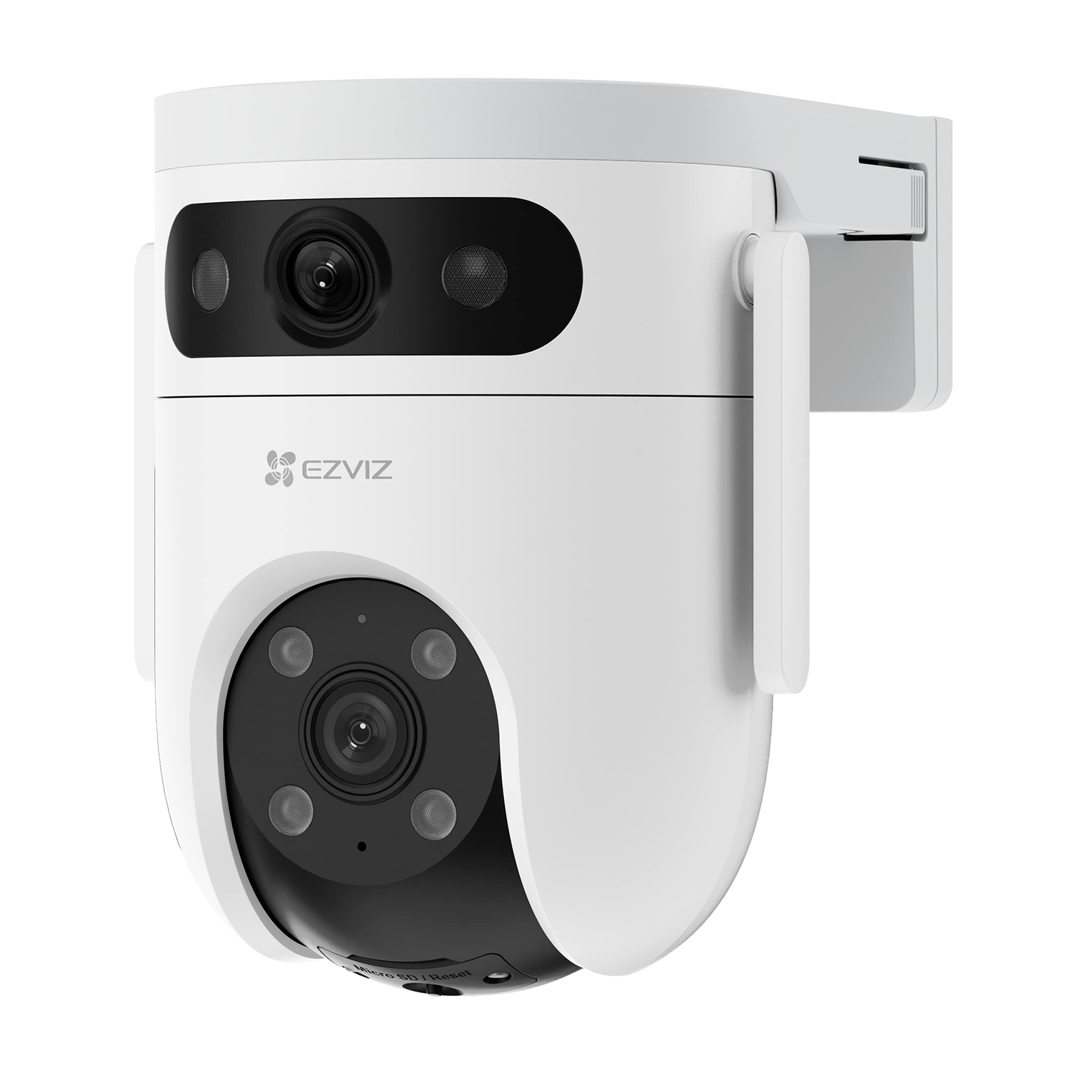 Telecamera di sicurezza bianca e nera con obiettivo, antenne e logo EZVIZ.