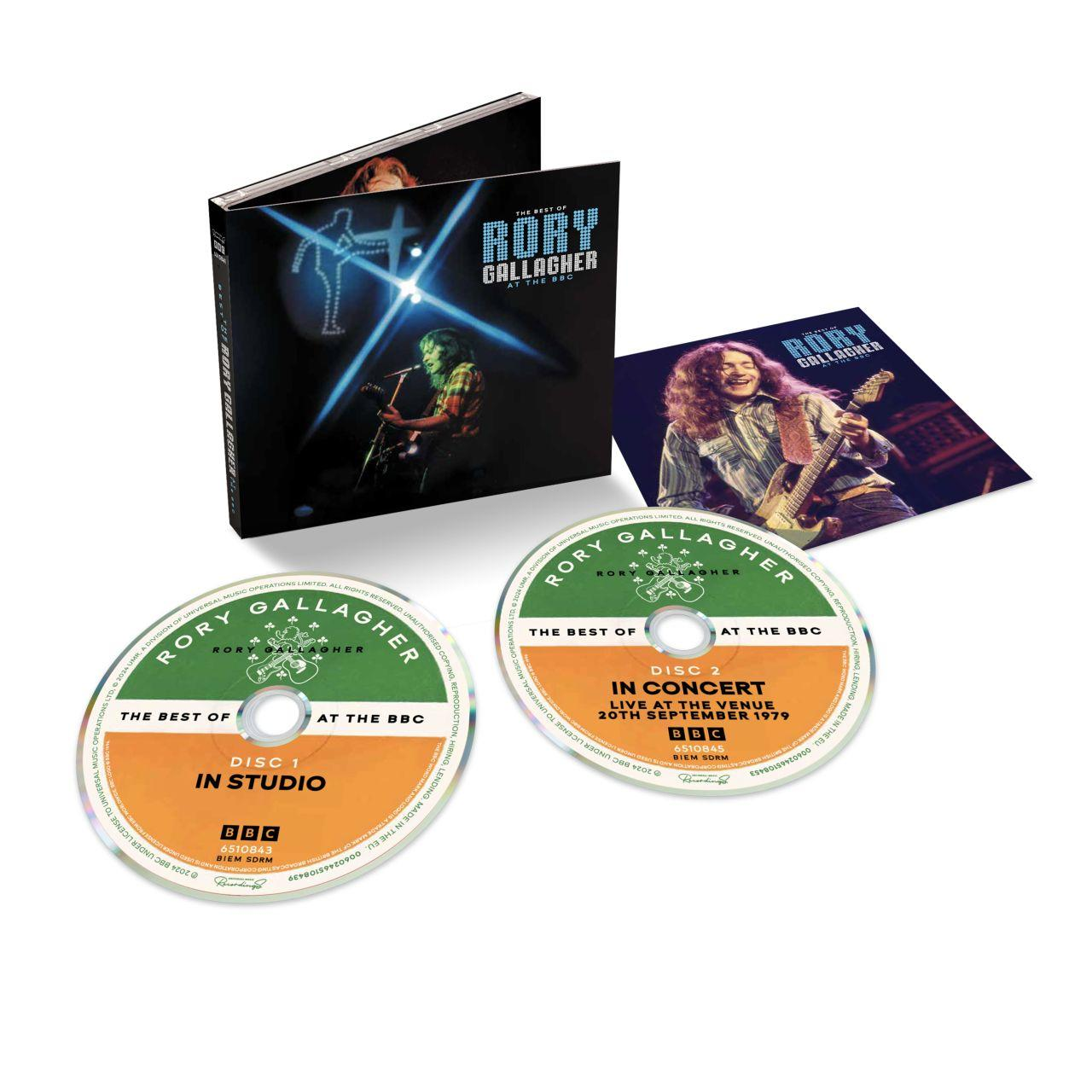 CD-Hülle und -Discs für 'The Best of Rory Gallagher at the BBC'. Enthält Albumcover und Disktitel.