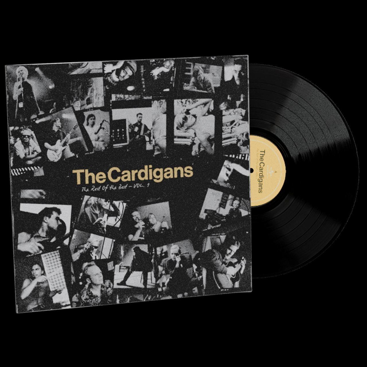 Das Cardigans-Albumcover neben einer Schallplatte auf schwarzem Hintergrund.