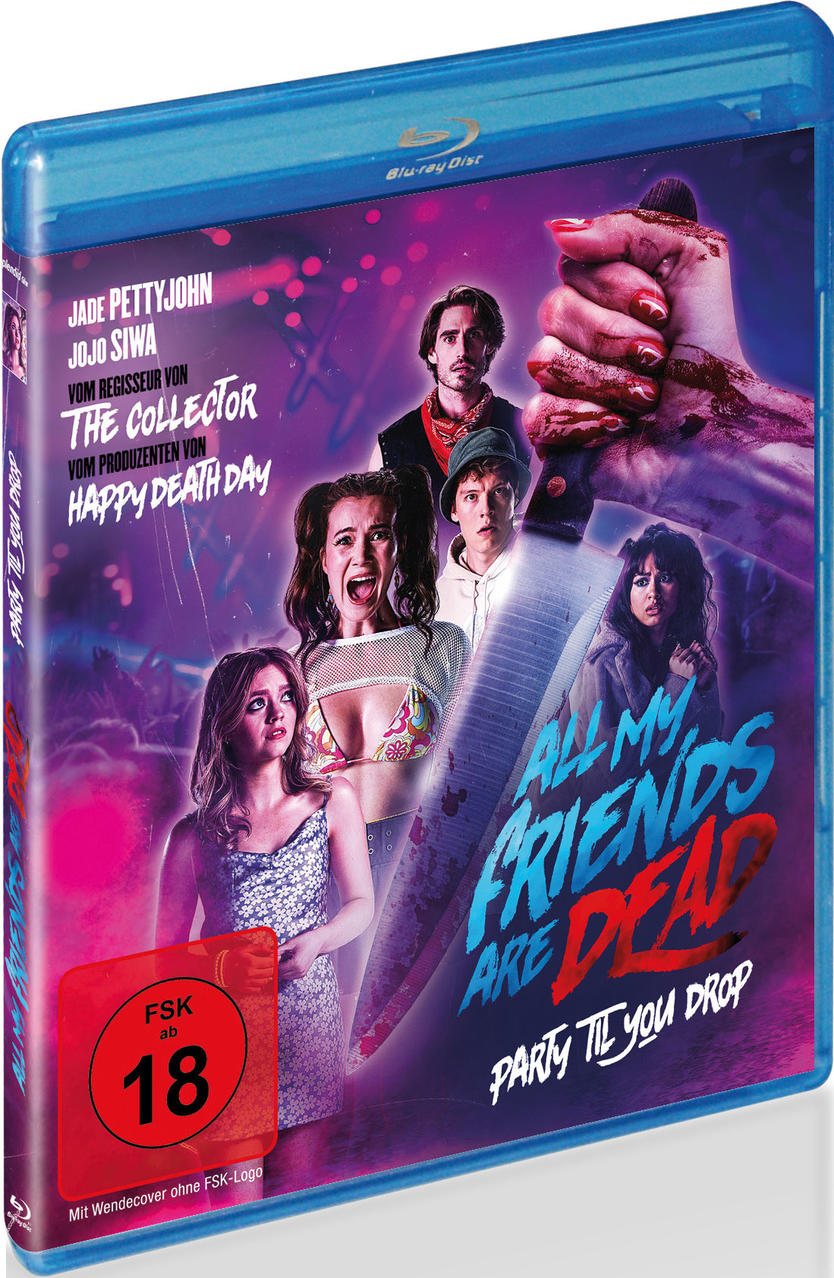 Filmcover mit einer Hand, die ein blutiges Messer hält, und Personen.
