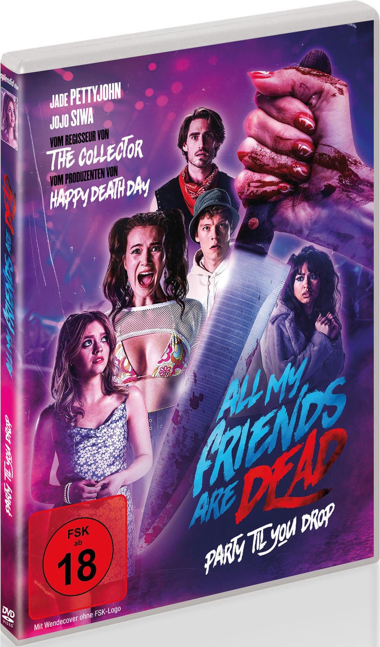 DVD-Cover für "All My Friends Are Dead" mit Schauspielern und einem blutigen Messer.