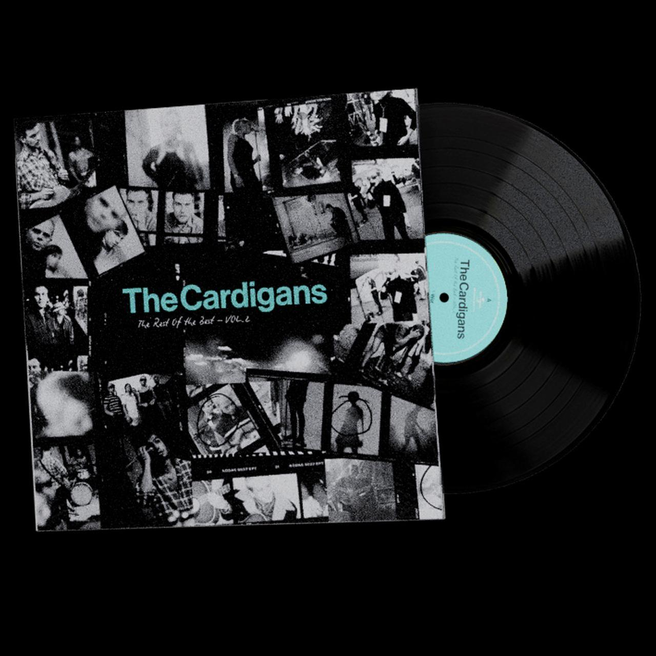 Albumcover und eine Schallplatte. Albumcover mit einer Collage von Bildern und dem Text 'The Cardigans'.