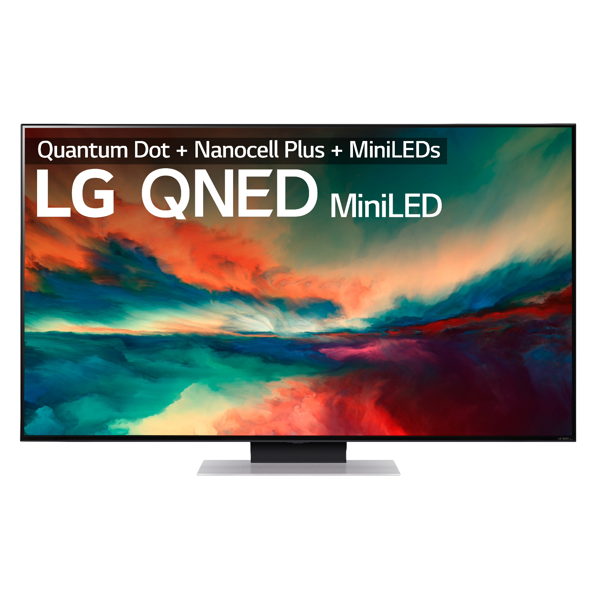 LG QNED MiniLED TV con marco negro. La pantalla muestra una imagen abstracta colorida.