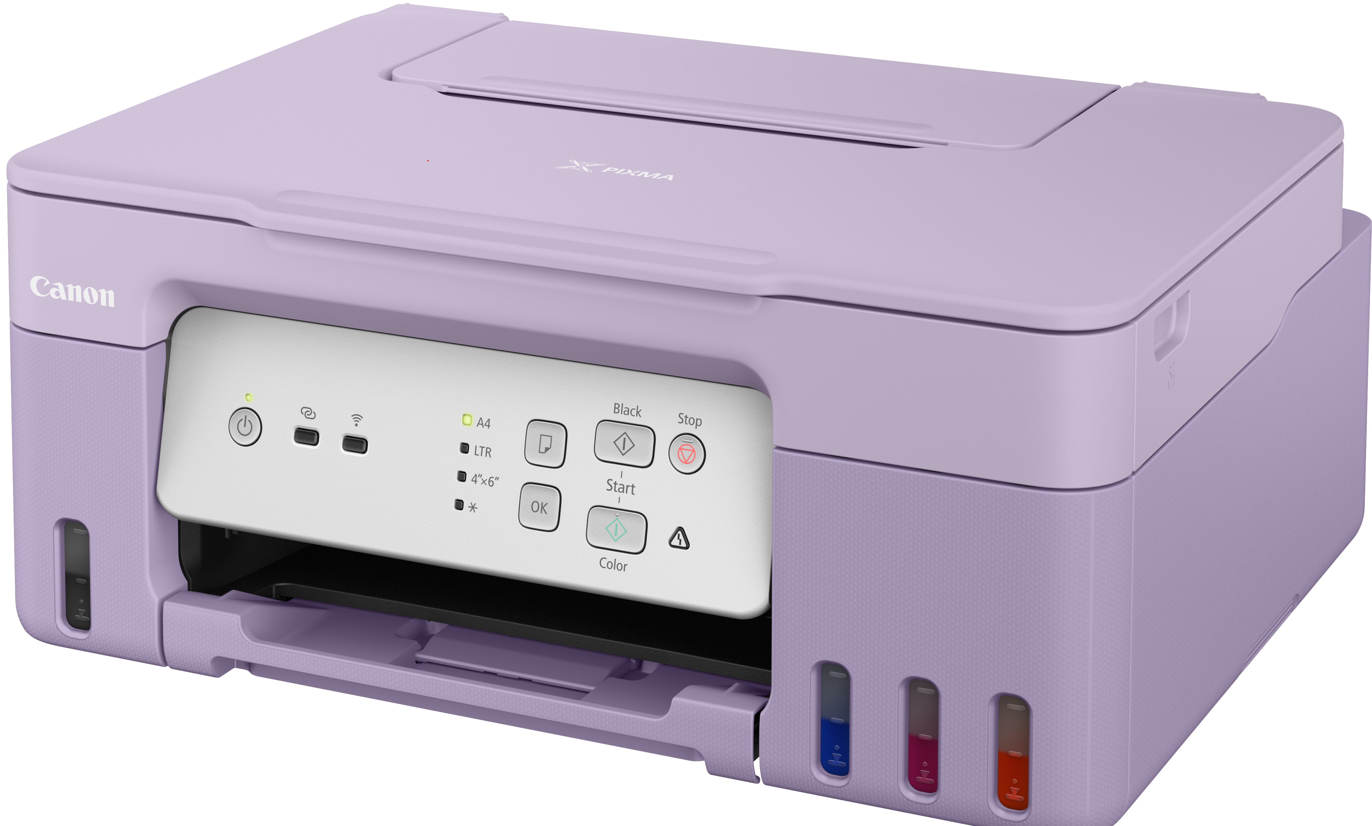 Açık mor Canon Pixma yazıcı. Düğmeleri, bir kağıt tepsisi ve mürekkep tankları var. Marka ve model görünür.