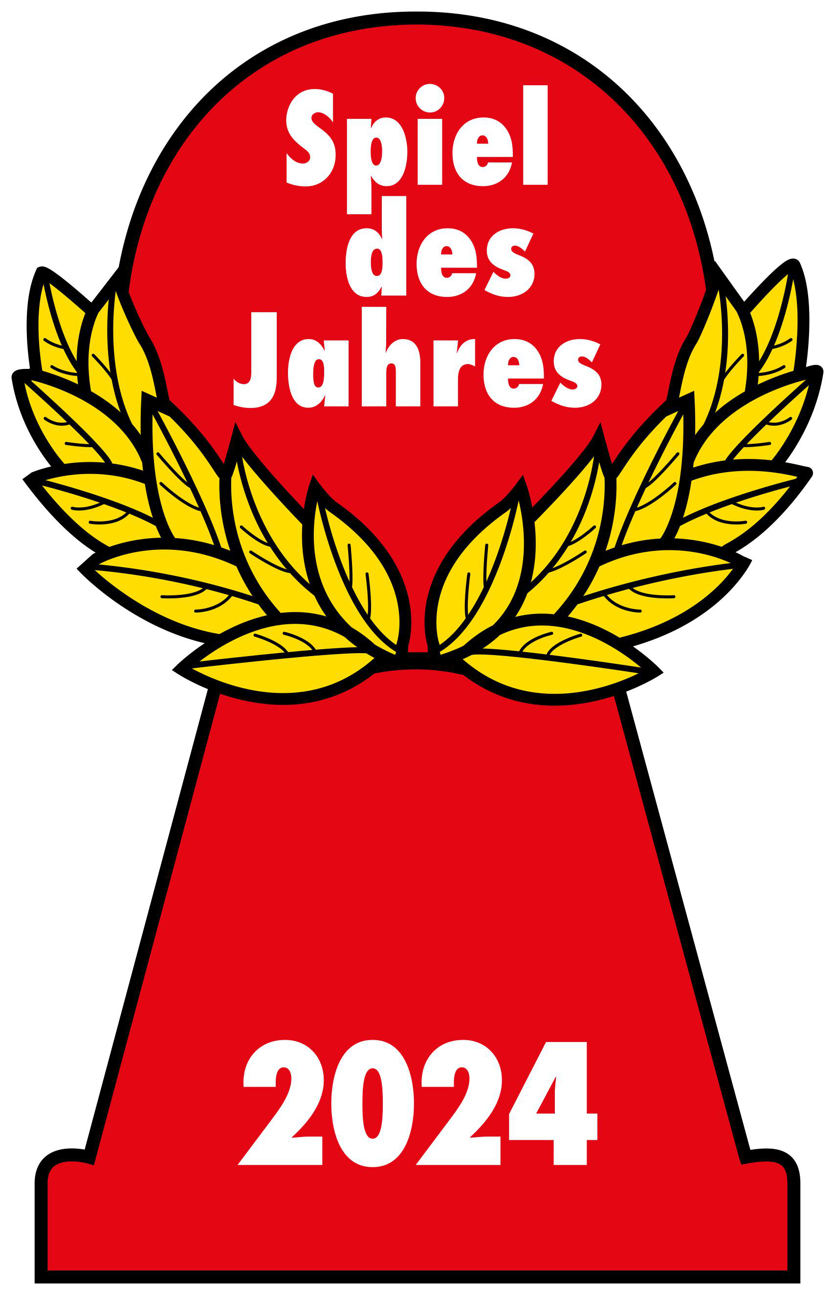 Rote Schlüssellochform mit goldenen Blättern und weißem Text: Spiel des Jahres 2024.
