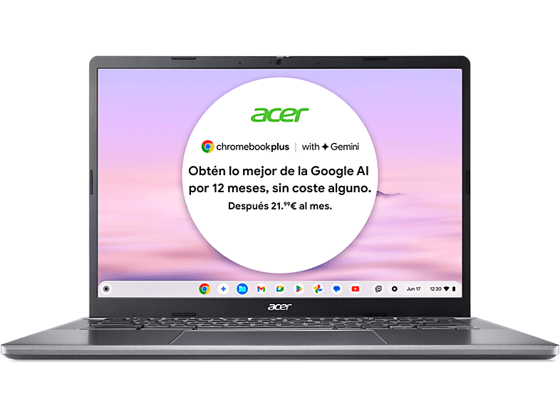 Portátil - Acer Chromebook Plus 514 CB514-3H con Google AI, 14" WUXGA, AMD Ryzen™ 5 7520C, 8GB RAM, 256GB SSD, Radeon™ 610M, ChromeOS