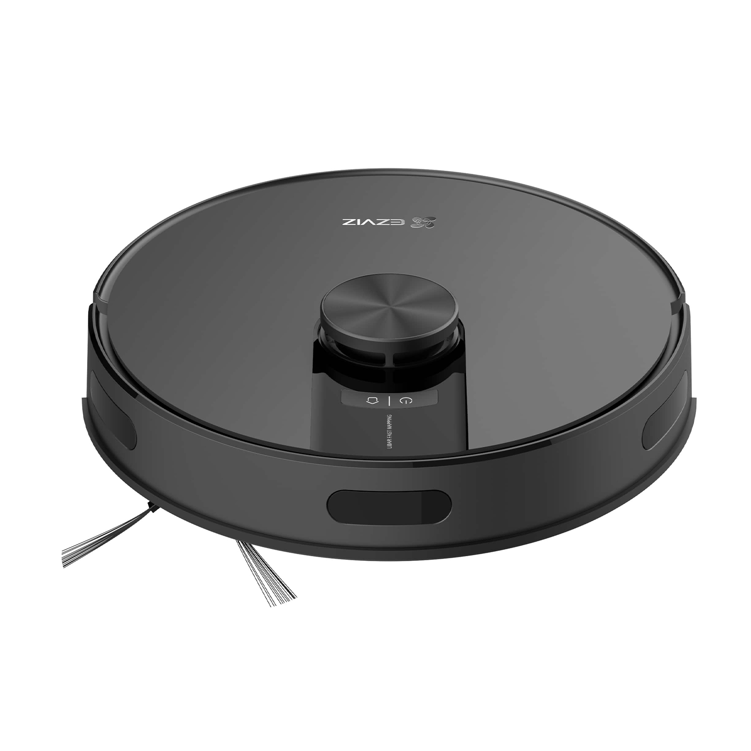 Aspirapolvere robot nero, forma rotonda. Ha un pannello di controllo centrale.