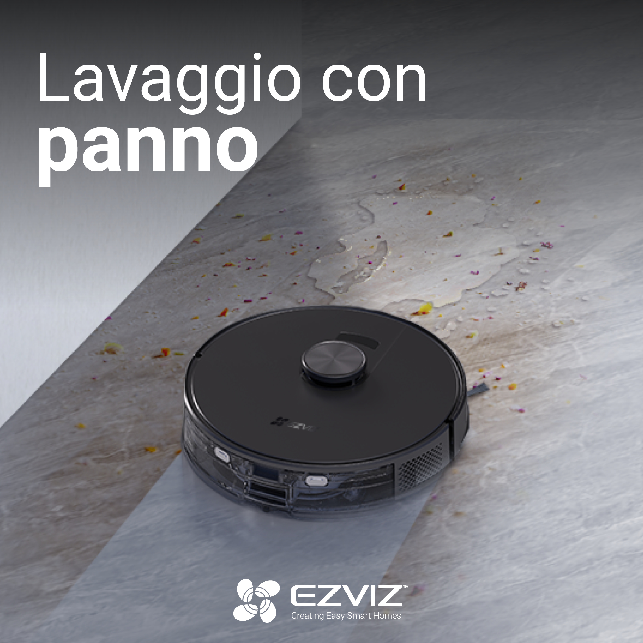Un aspirapolvere robot nero su un pavimento piastrellato grigio chiaro che pulisce lo sporco.