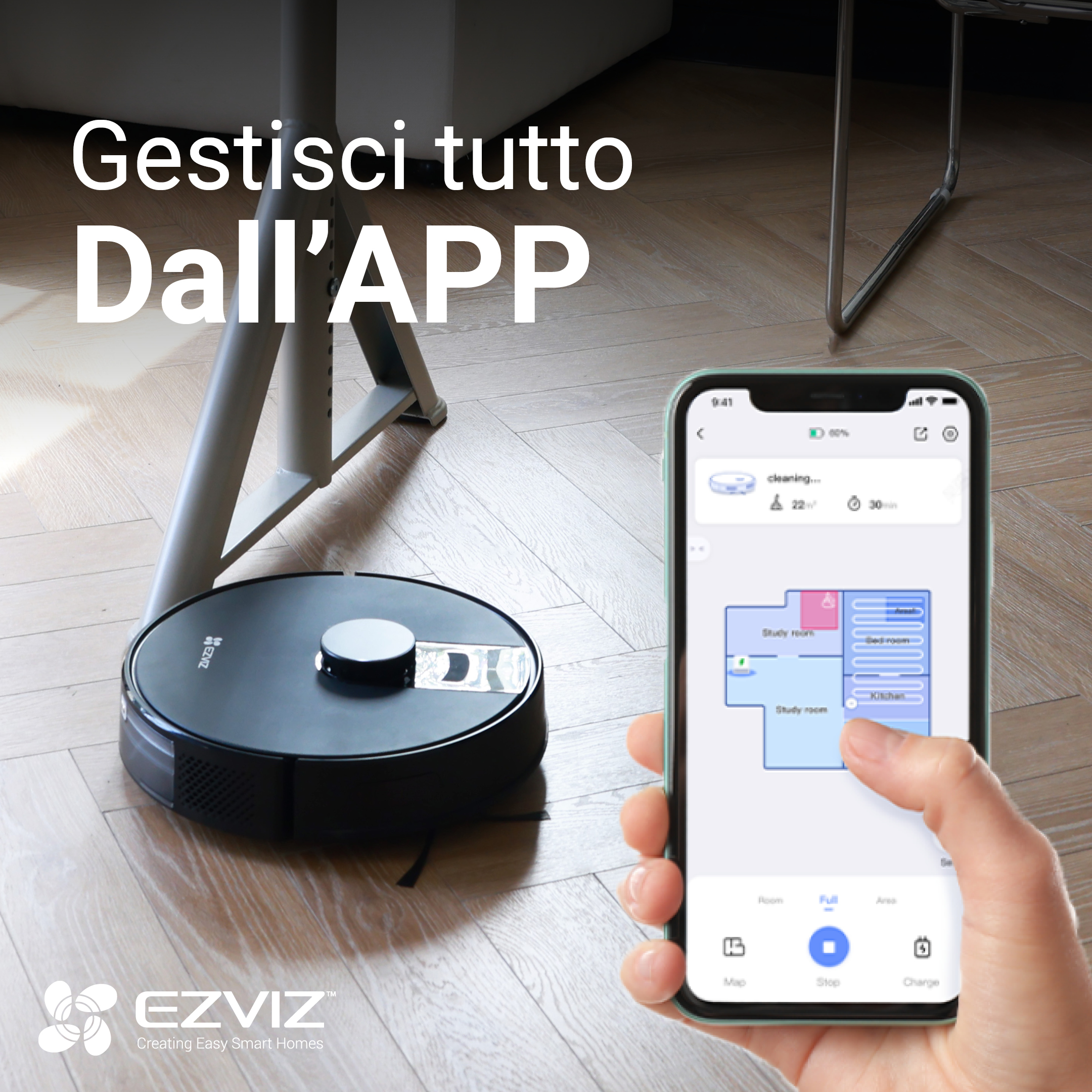 Aspirapolvere robot e un telefono che mostra una mappa di una stanza. L'APP controlla il robot.