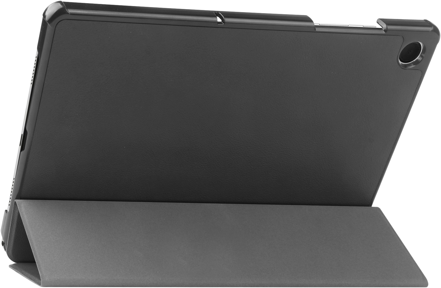 Egy fekete tablet tokban. A tok össze van hajtva, hogy állványként szolgáljon. A hátlap látható.