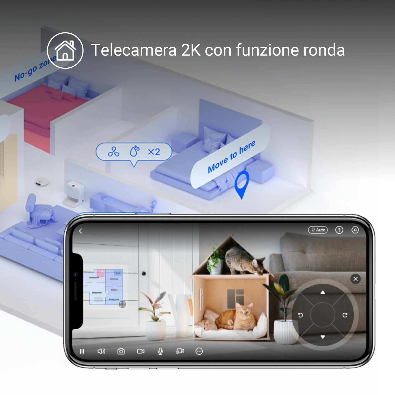 Smartphone con planimetria e feed live della telecamera con gatti. La stanza è 3D.