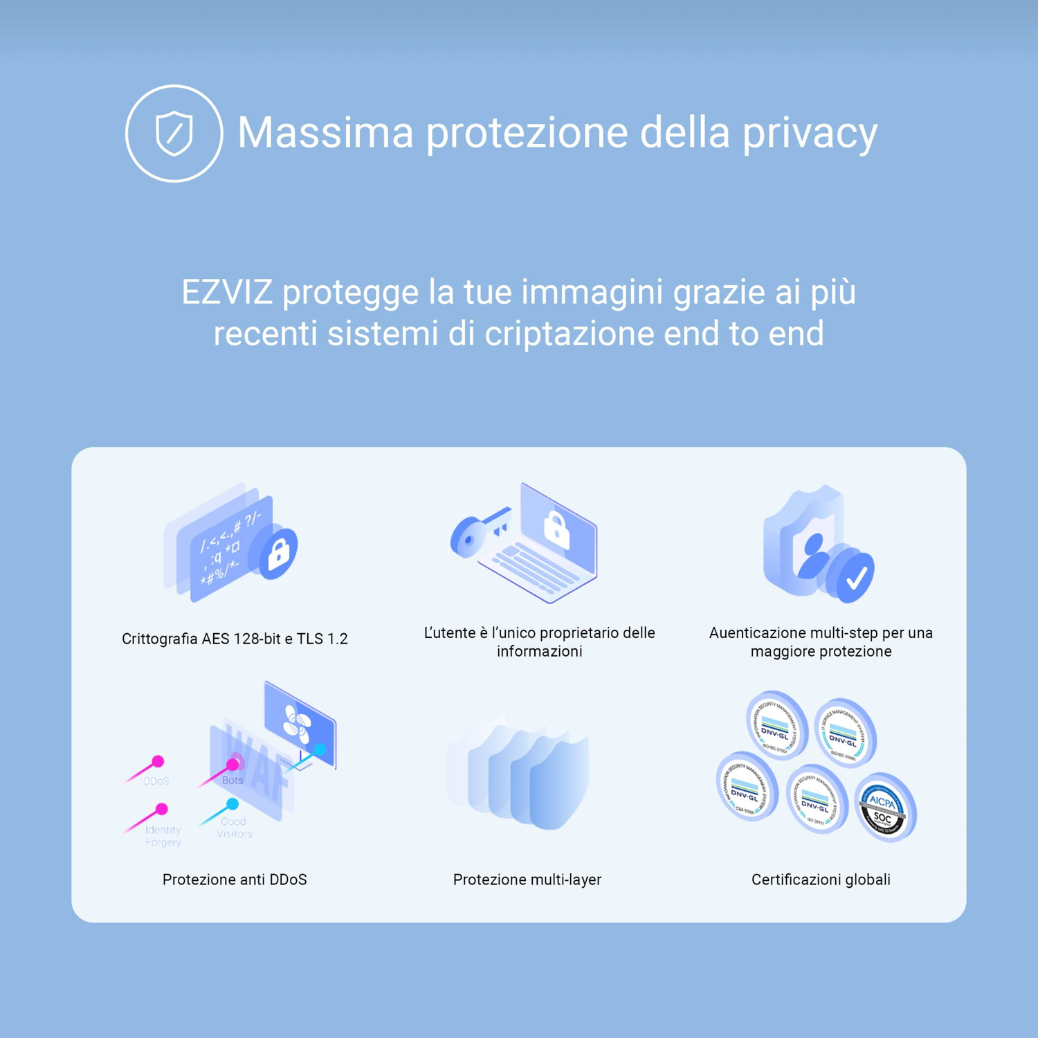 Infografica con icone di sicurezza, testo: Maxima protezione della privacy. Elementi: lucchetto, scudo, chiave, ecc.