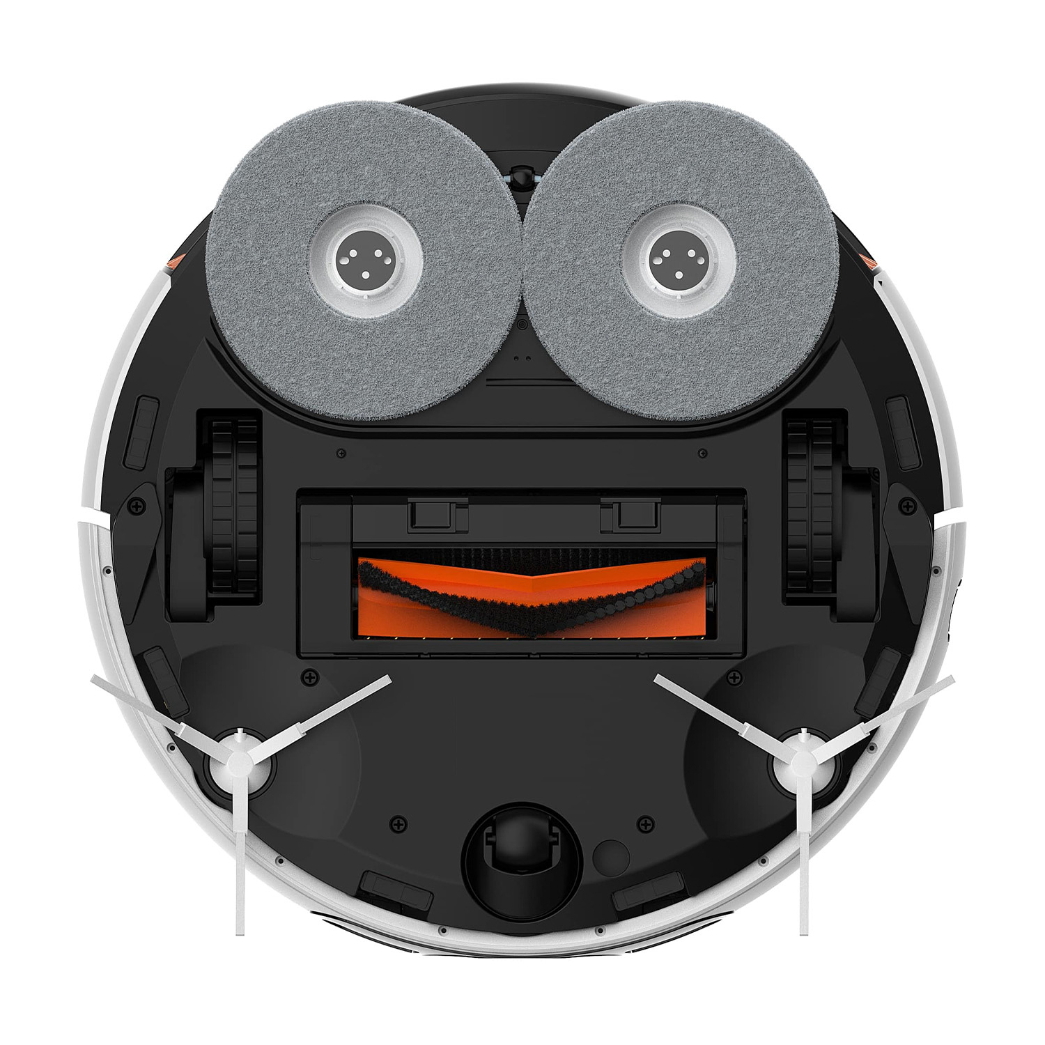 Robot aspirapolvere, vista dal basso, con tamponi grigi e spazzola arancione. Schema di colori bianco e nero.