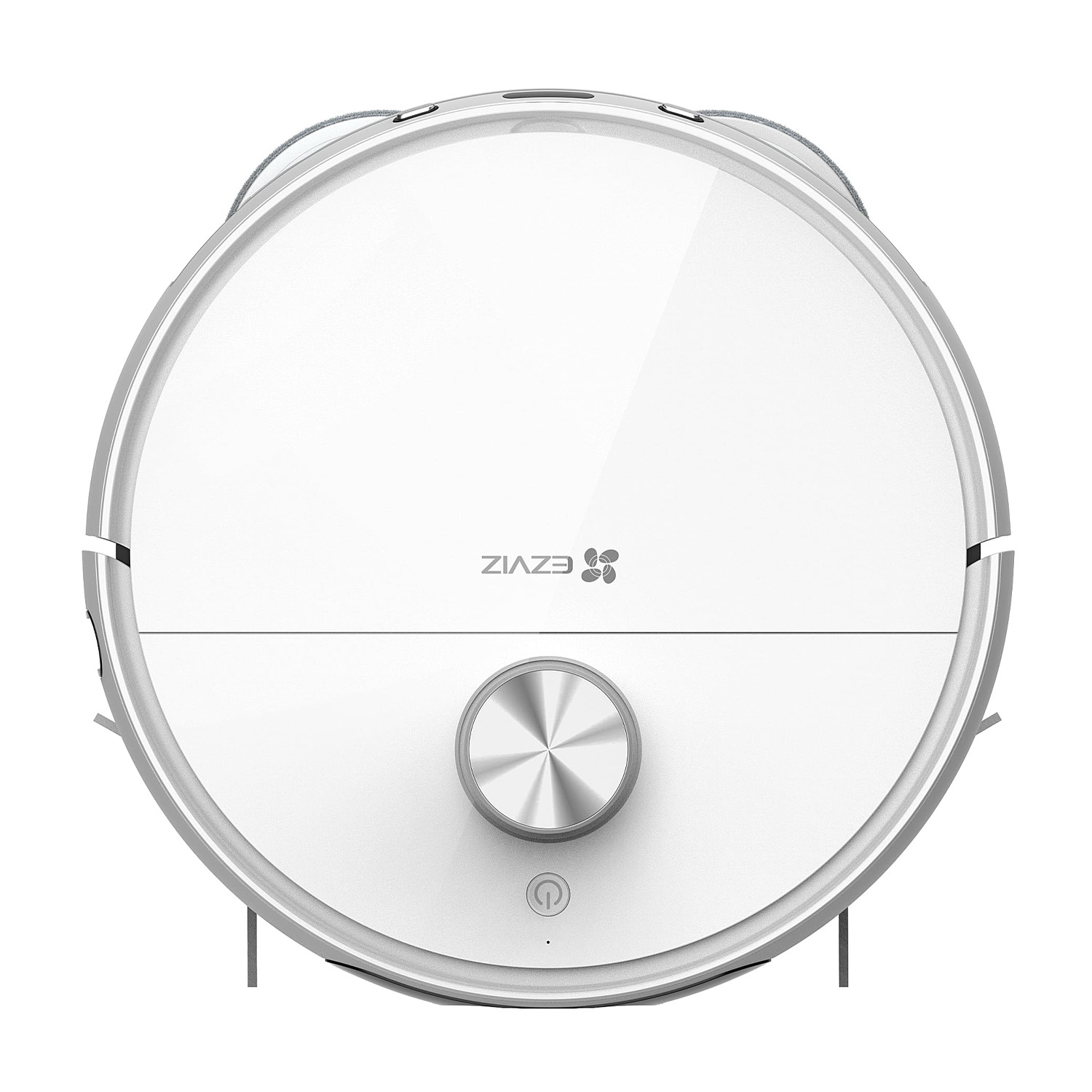 Aspirapolvere robotico EZVIZ bianco. Rotondo con finiture argentate, pulsante argentato e logo EZVIZ.