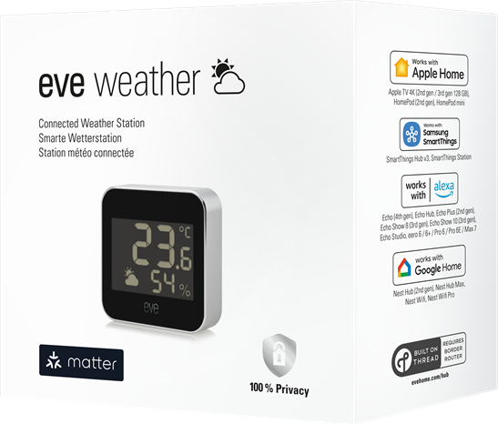 Eve Weather : Appareil station météo avec écran affichant température et humidité.