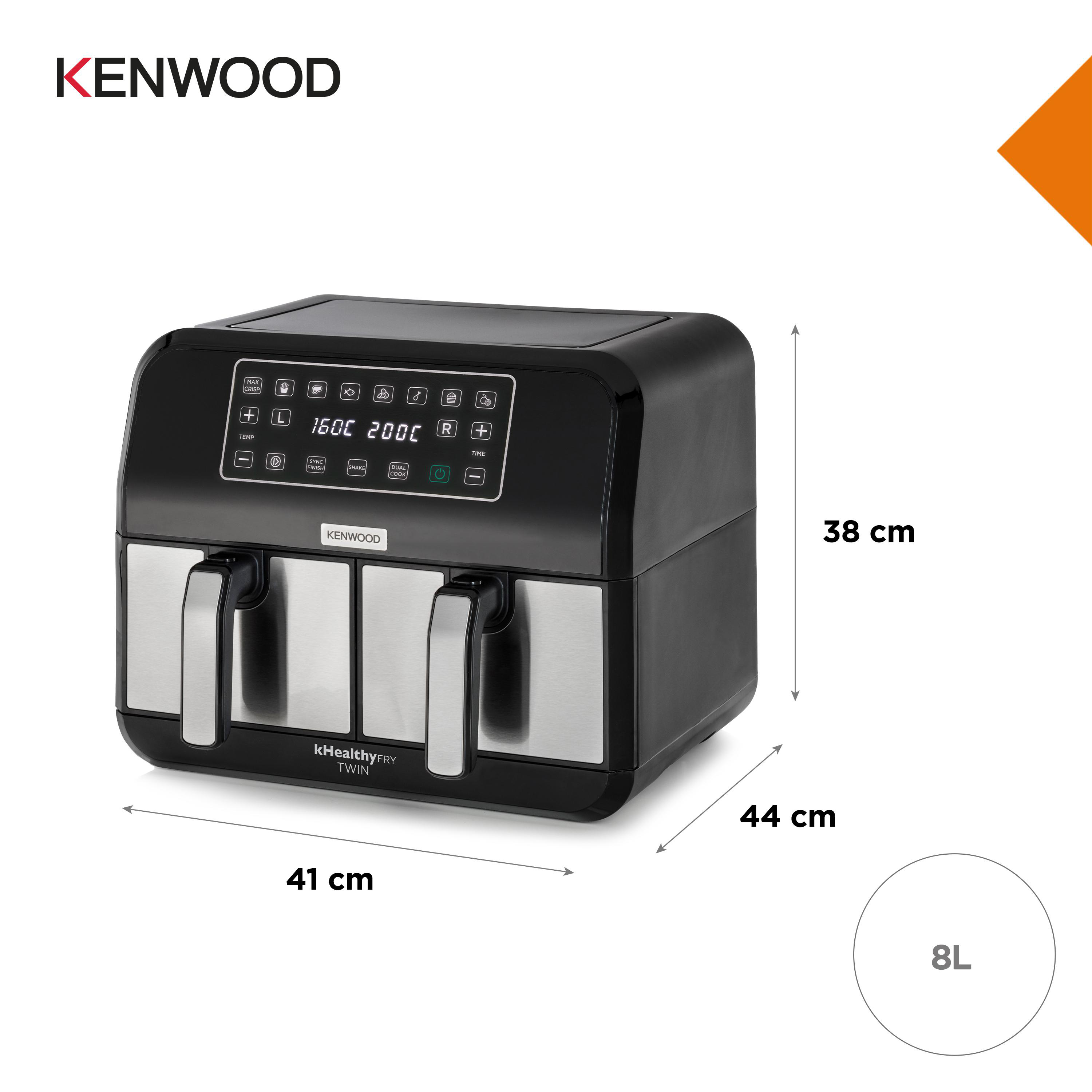 Schwarze Heißluftfritteuse mit Abmessungen. Die Friteuse hat zwei Kammern und das Kenwood-Logo.