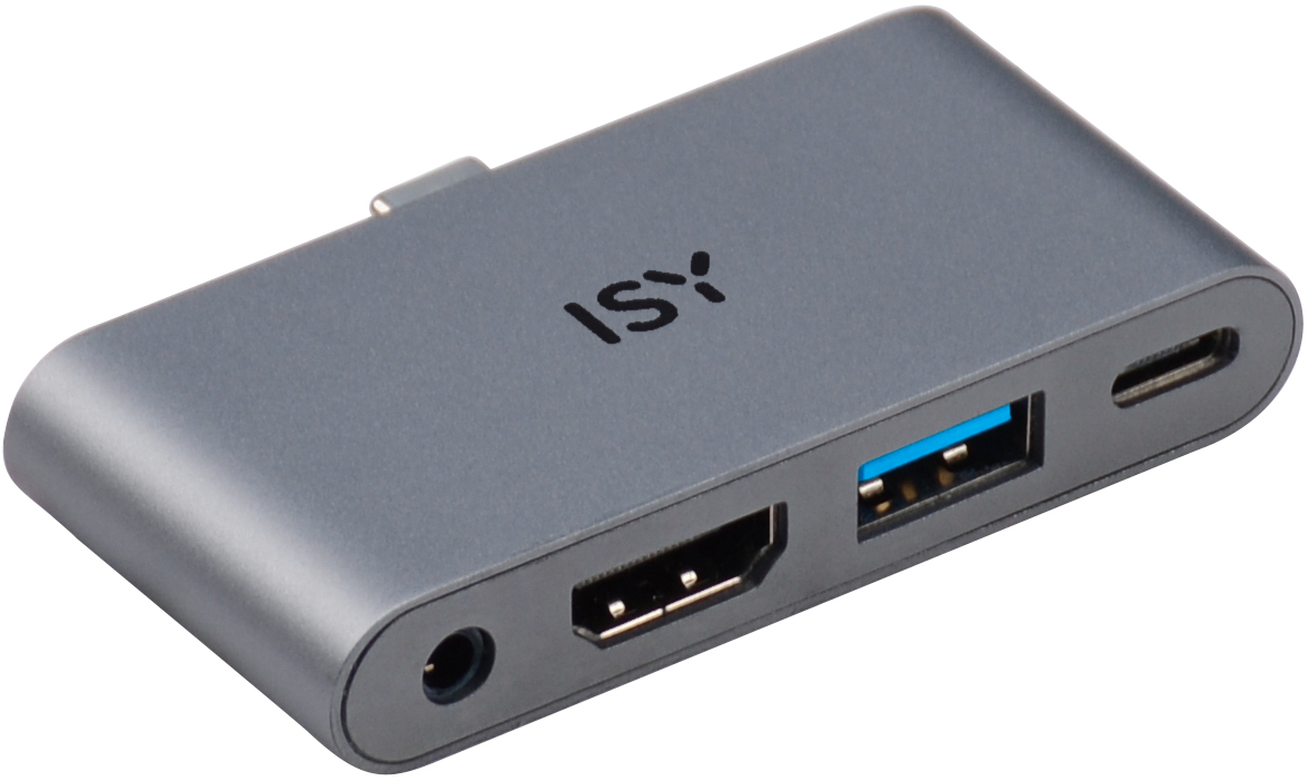 Grauer ISY USB-C-Hub mit Anschlüssen für HDMI, USB und USB-C.