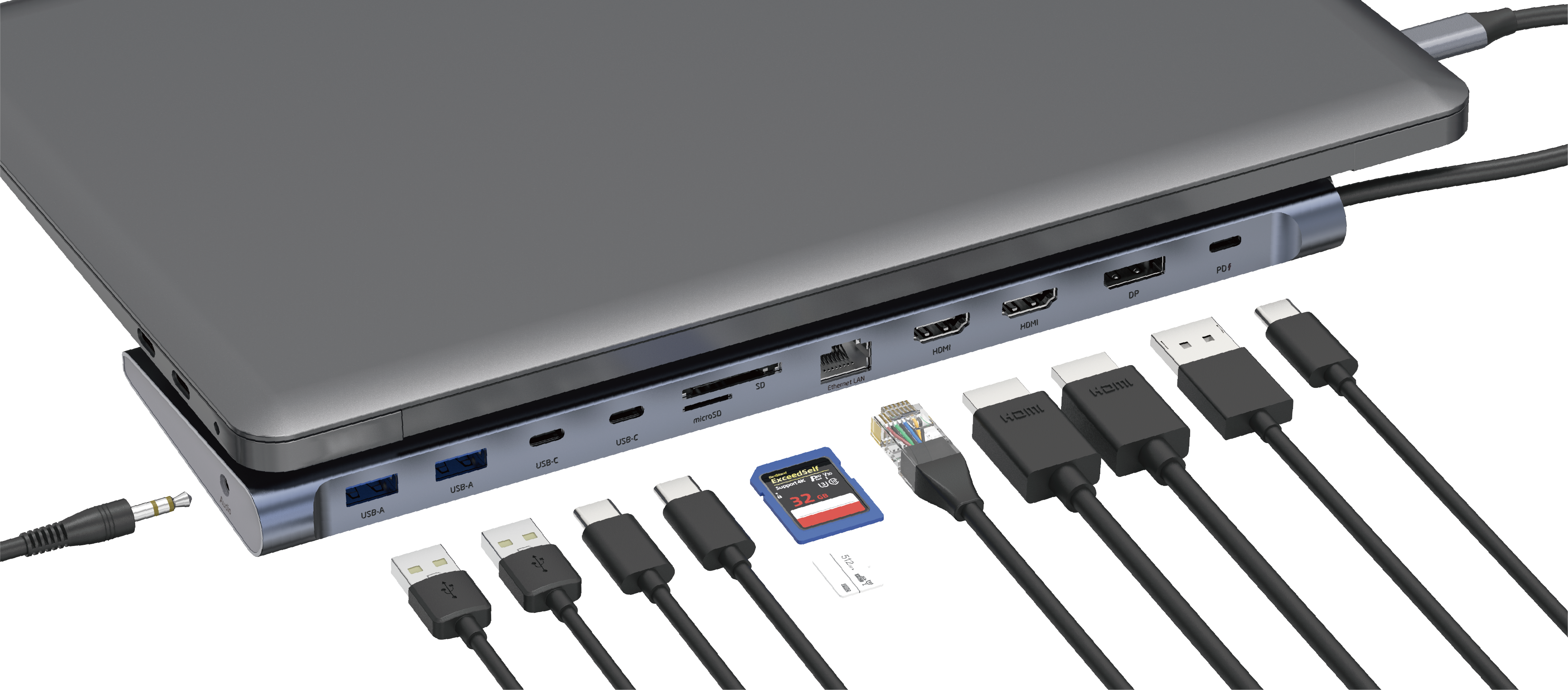 Un ordinateur portable connecté à un hub avec divers ports et câbles connectés.
