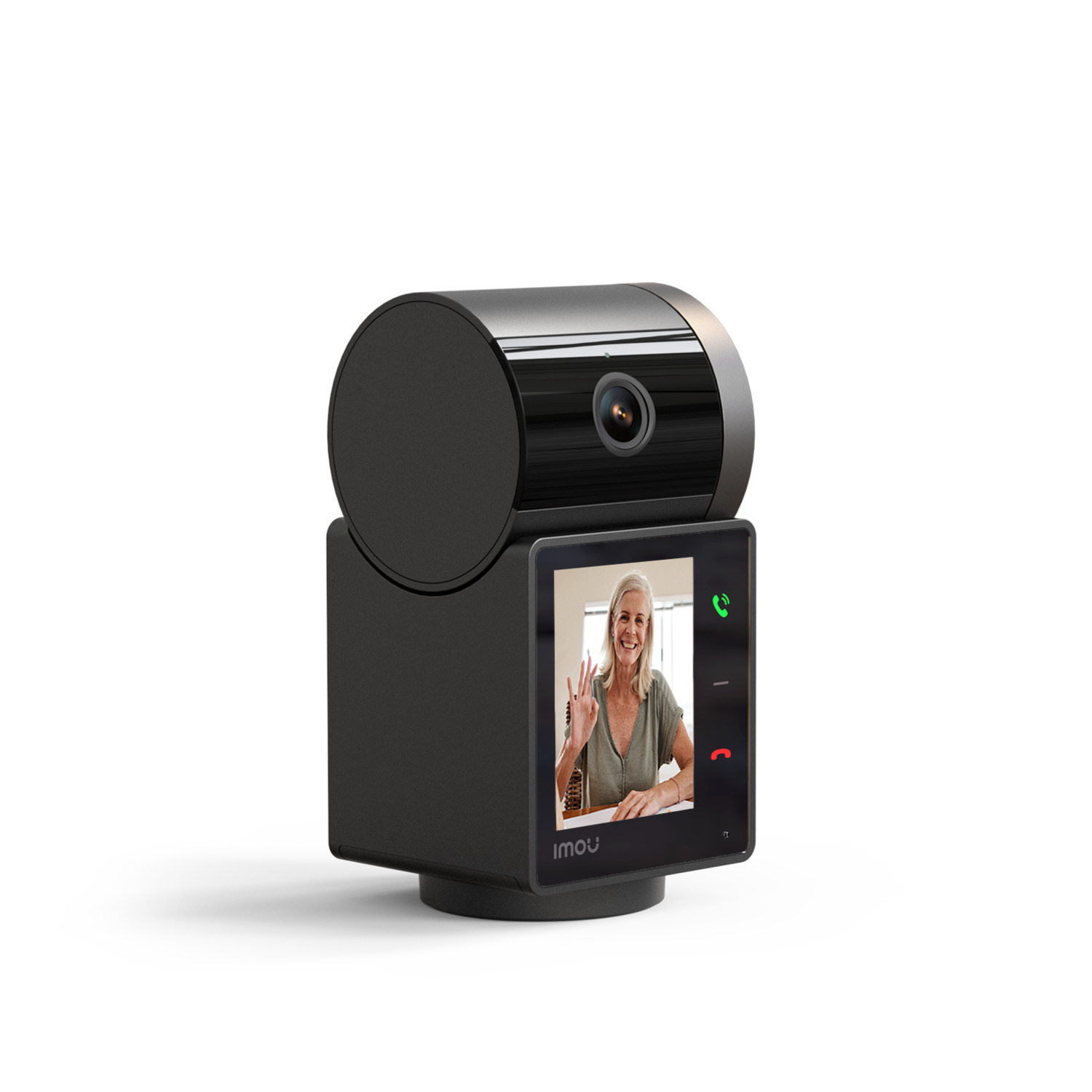 Black webcam with a screen showing a woman waving.