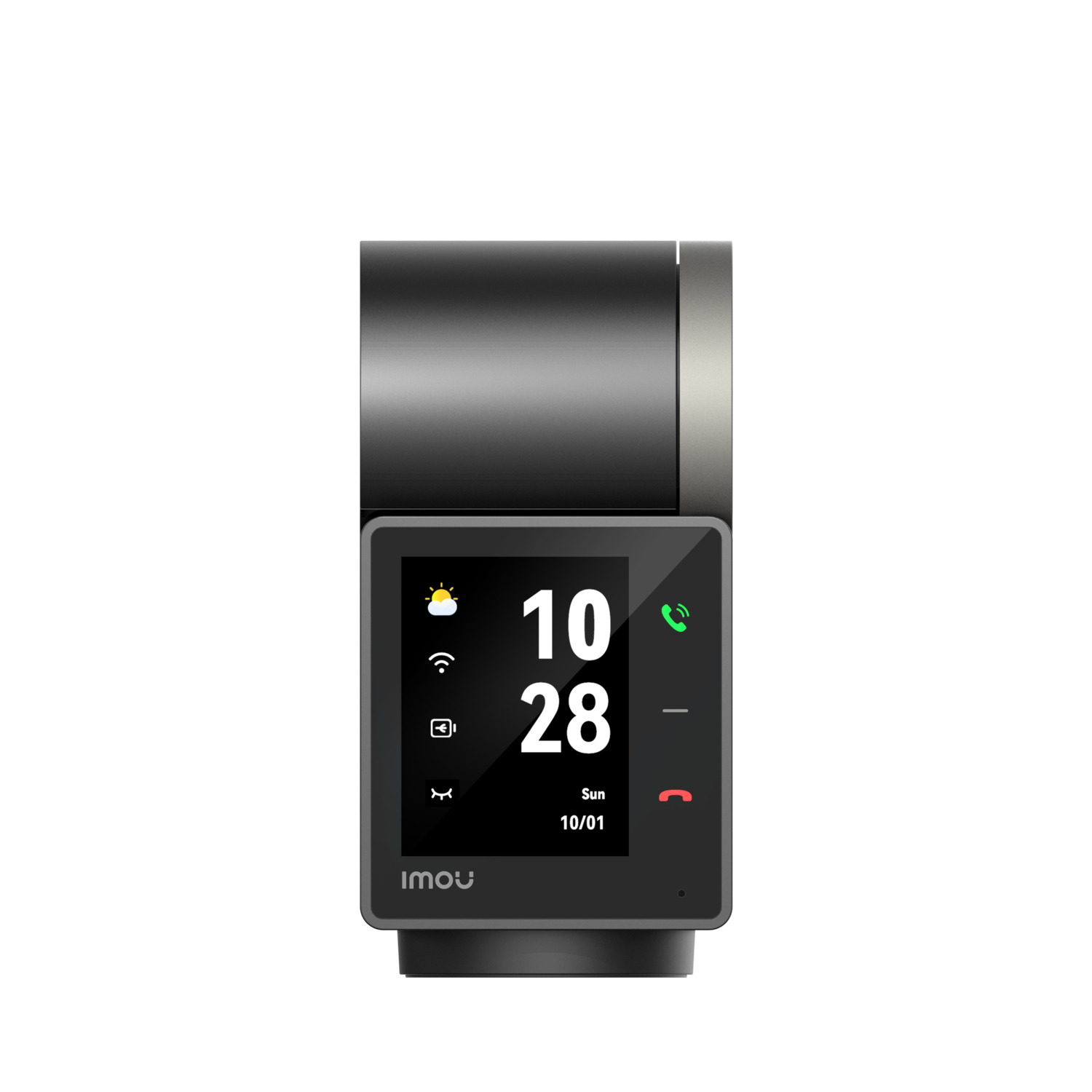 Black smartwatch with a rectangular screen displaying date, time, and icons. Isolated on white.