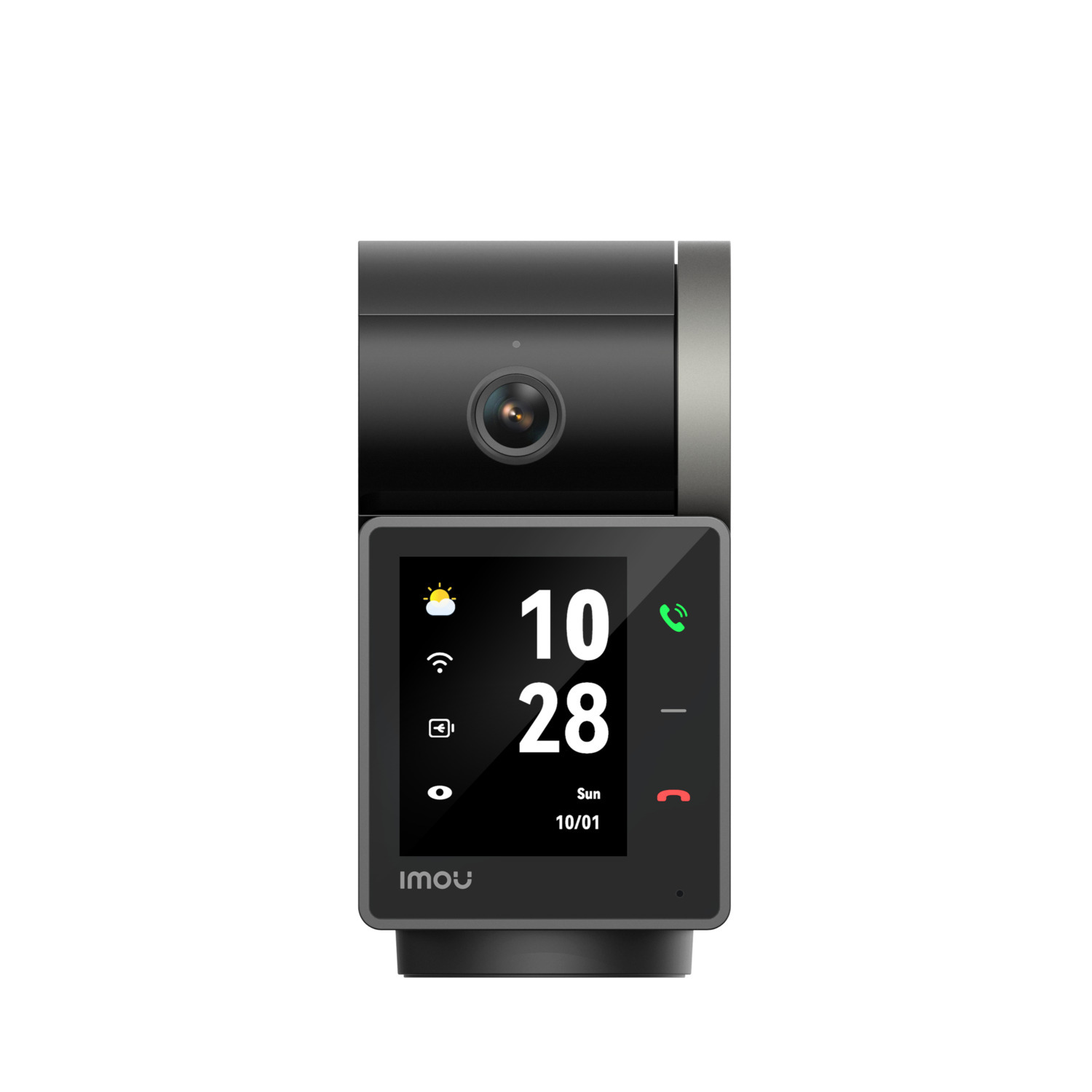 A black and gray smart home device with a screen displaying the date and time.