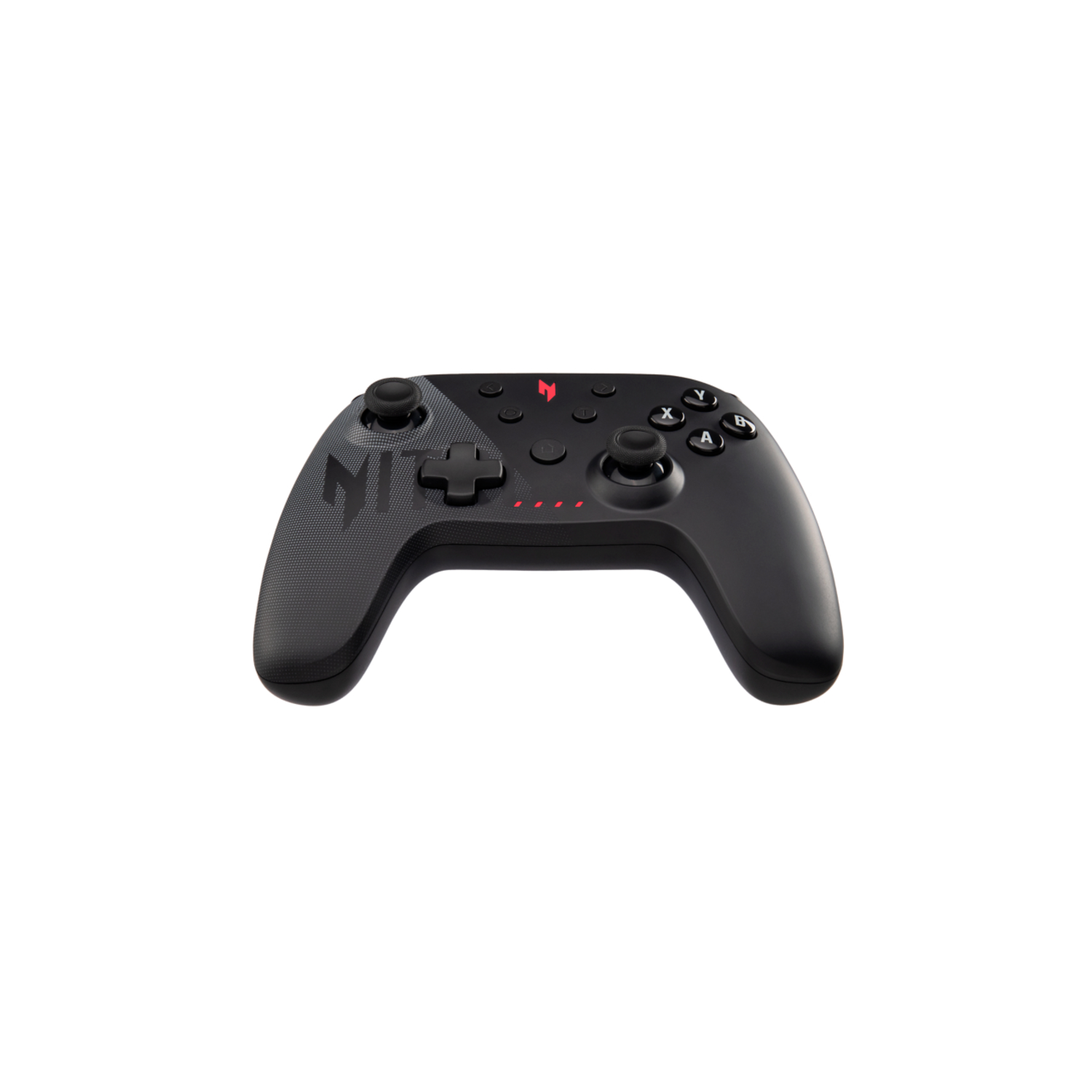 Black game controller with red accents. Top view, isolated on white. Buttons are visible.