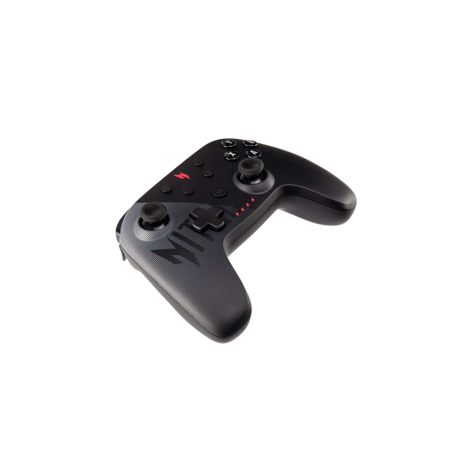 Black and gray game controller with buttons and joysticks, on white background.