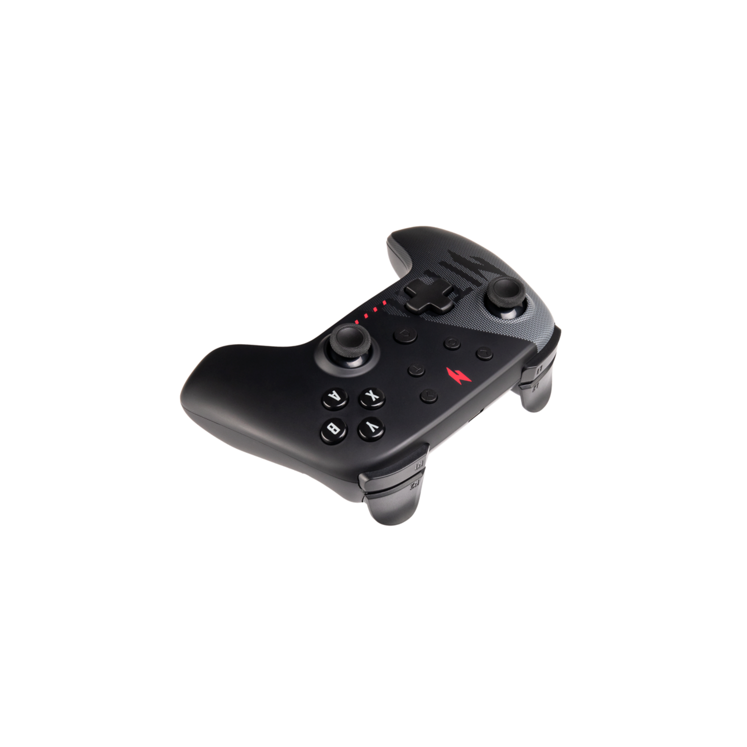 Black gaming controller with buttons. A red lightning bolt logo is on the center.