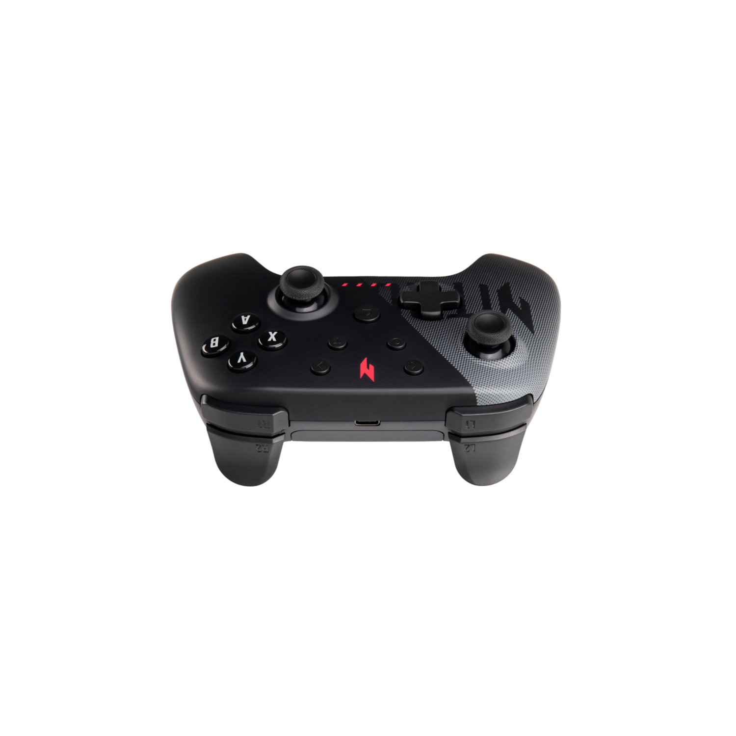 Black gamepad. It has a red logo, buttons, and joysticks. It is on a white background.