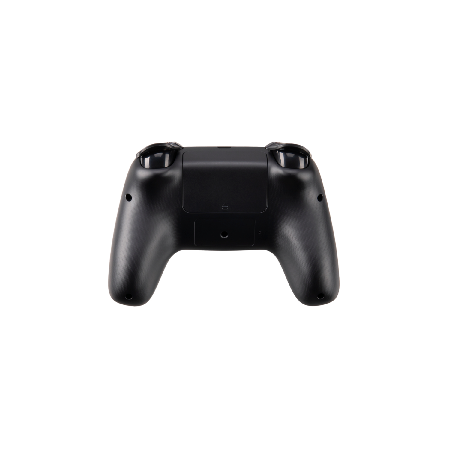 Black gamepad, seen from the back. Two joysticks and buttons are visible.