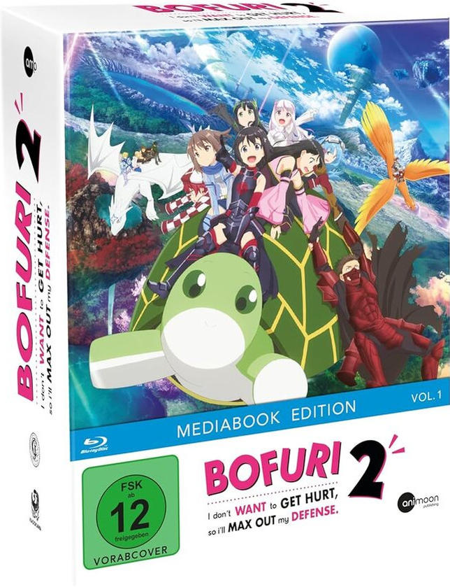Box-Art für den Anime 'BOFURI 2' mit farbenfrohen Illustrationen von Charakteren und einem Drachen.