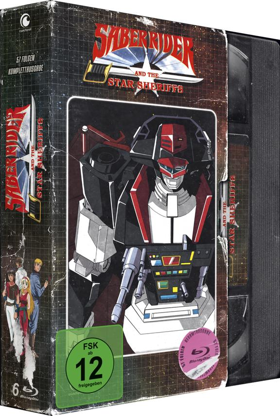 VHS-Box des Anime 'Saberrider and the Star Sheriffs'. Zeigt Roboter und Titel.