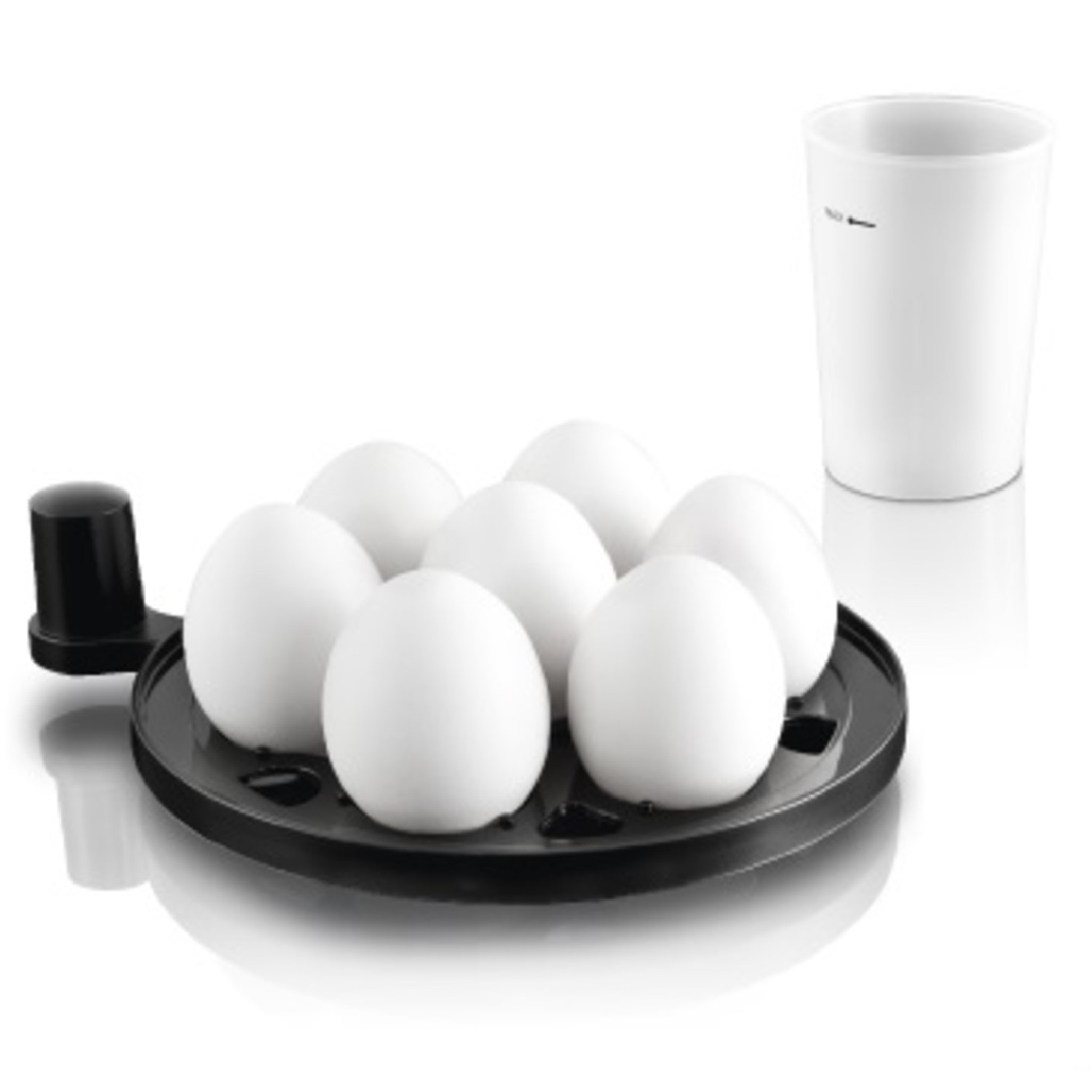 Un plateau à œufs avec six œufs blancs et une tasse blanche.