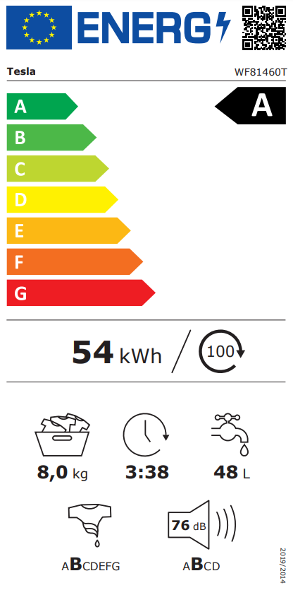 Egy energia cimke, mosógépről. A címke mutatja az energiahatékonyságot, kWh-t és egyéb részleteket.