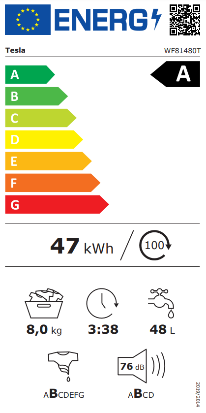 Energia címke egy Tesla mosógéphez, energiahatékonyságot mutatva.