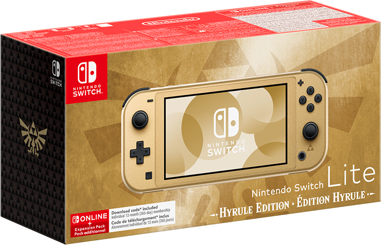 Nintendo Switch Lite Hyrule Edition, arany konzol és doboz. Arany-barna design.