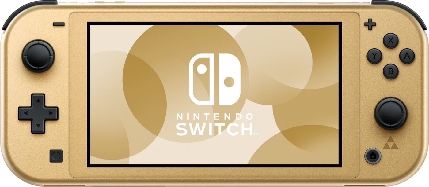 Arany Nintendo Switch Lite konzol, arany témájú háttérrel.