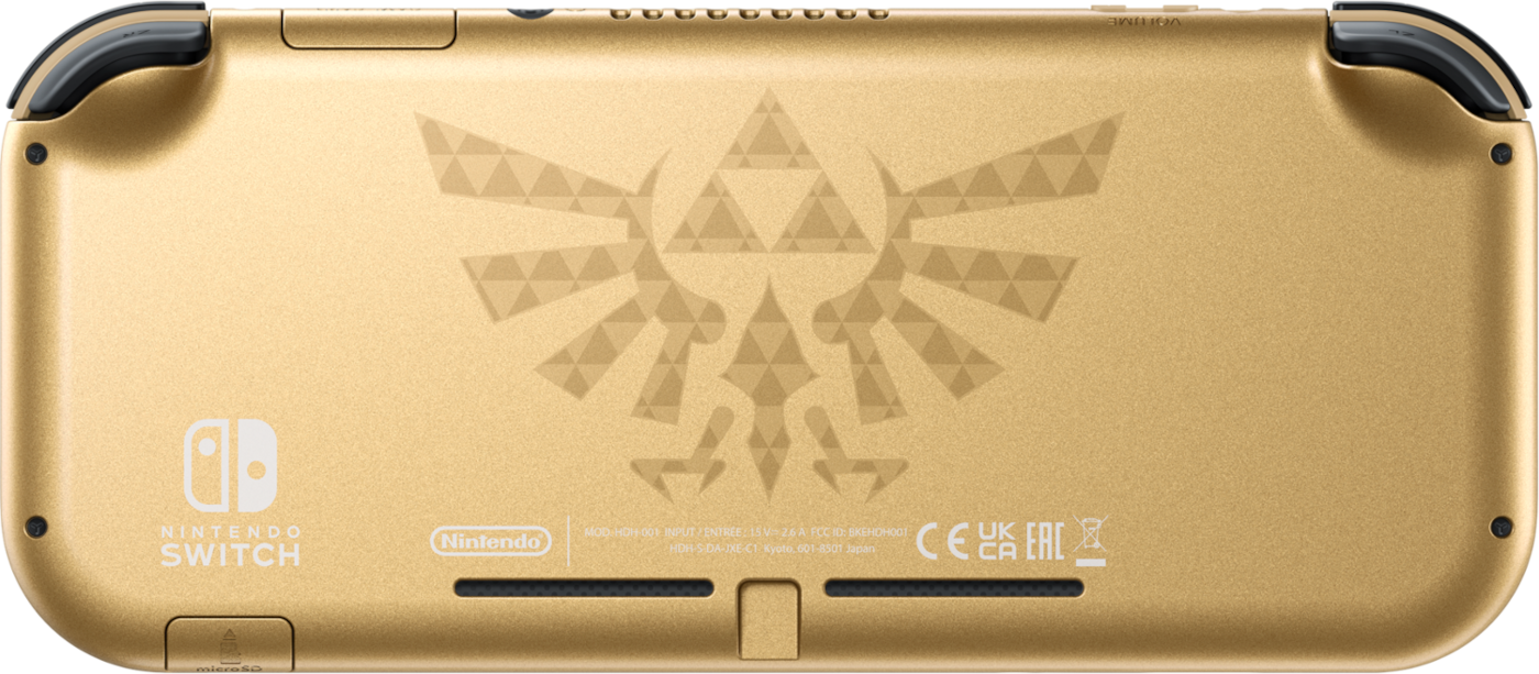 Egy arany Nintendo Switch hátulja. Zelda témájú dizájn. Gombok és logó látható.